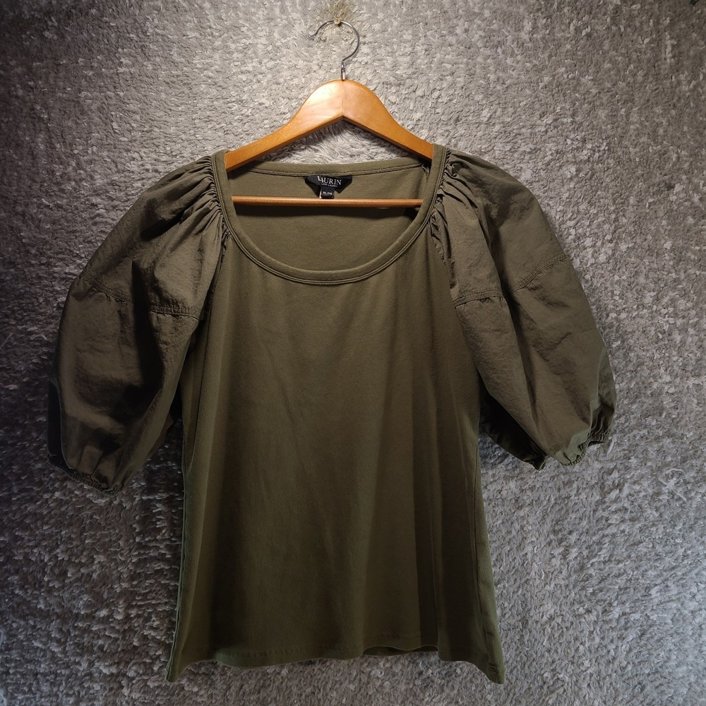 LAUREN RALPH LAUREN BLACK LABEL Women Puff Sleeve Cotton Top Shirt Tee Green XL